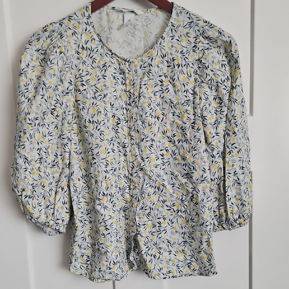 H&M Floral Blouse in White, with yellow and green/blue, size medium